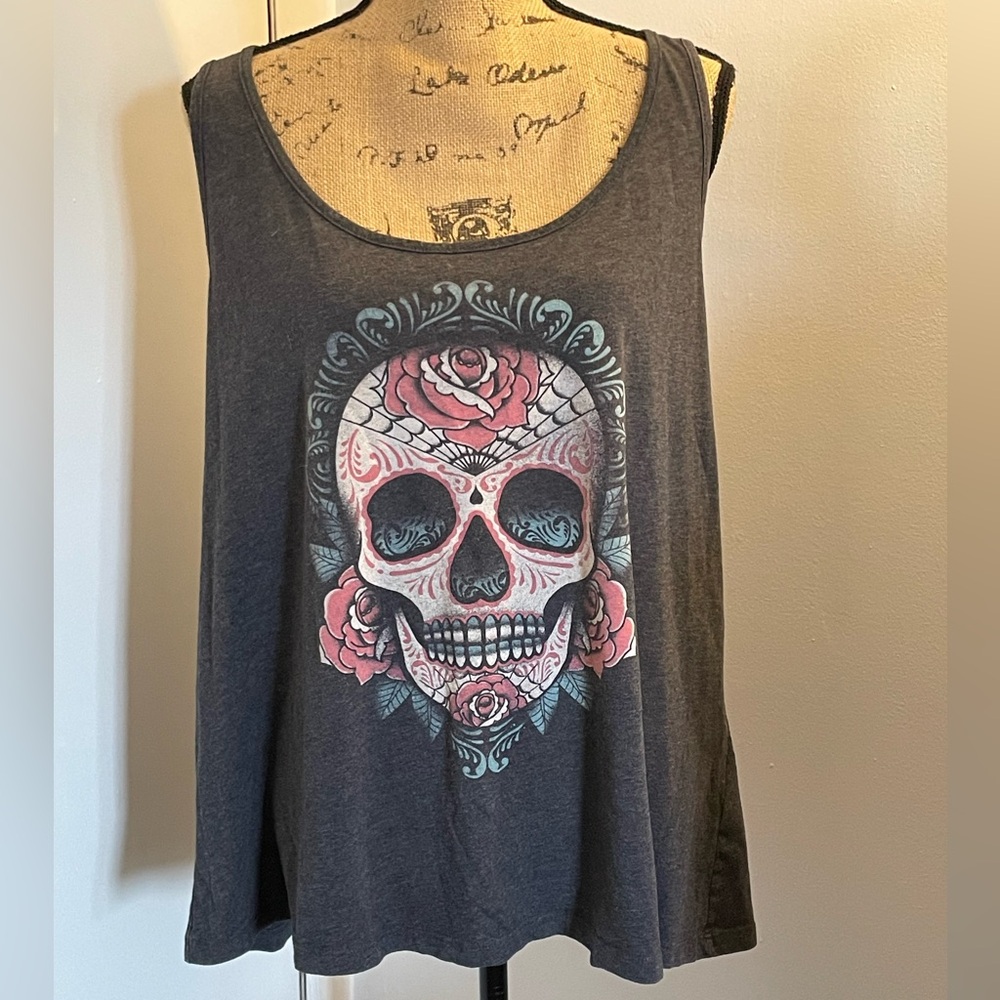 Torrid Dark Gray Tank with Pink Rose Skull Graphic